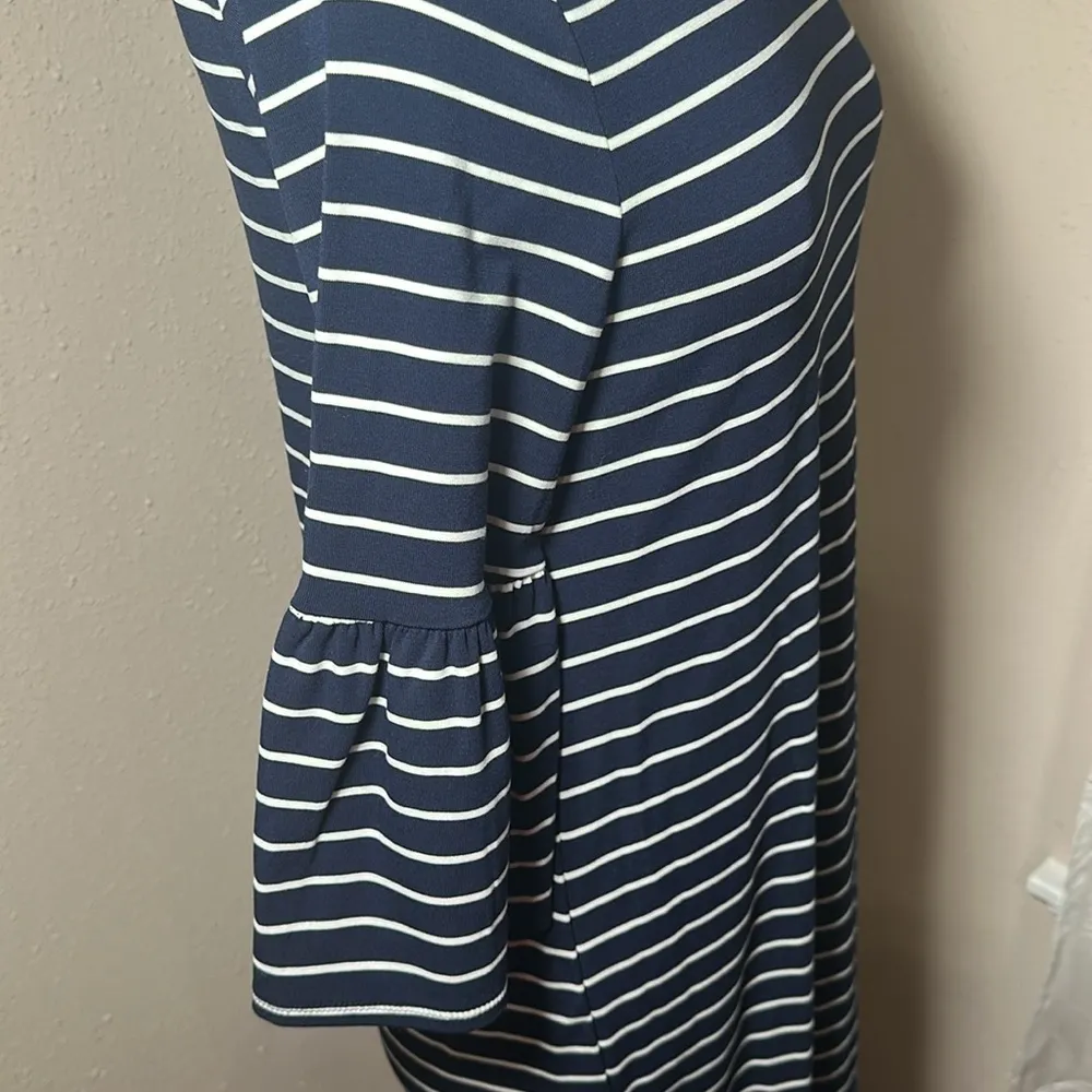 White House Black Market WHBM Navy Blue White Striped Bell Sleeve Dress Medium - Image 16