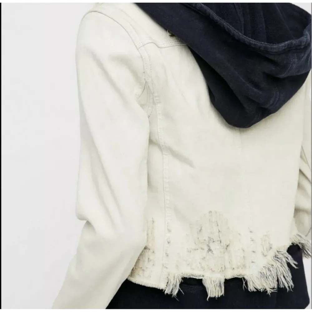 Free People Hoodie Jacket Women XS White Distressed Double Weave Denim - Image 4