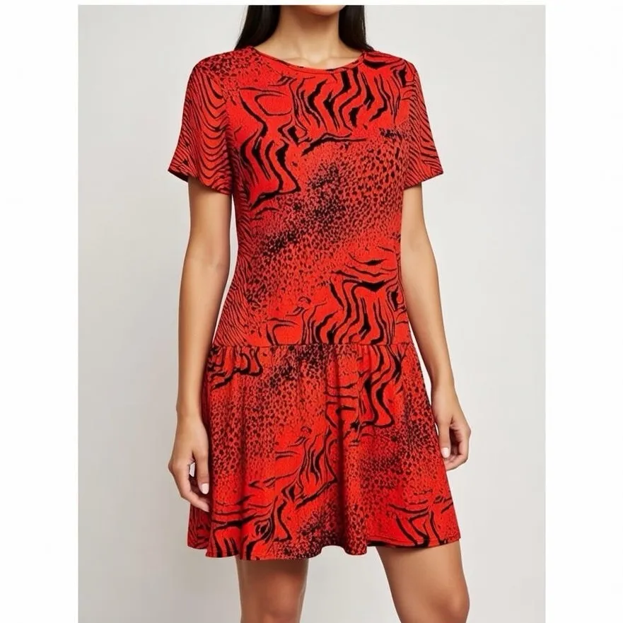 VICTORIA'S SECRET Red Black Animal Print Ruffle Hem Short Sleeve Dress M - Image 5