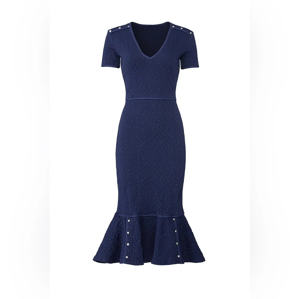 OPENING CEREMONY Blue Textured Desert Jacquard Ruffle Hem Midi Dress Size XS - Image 12