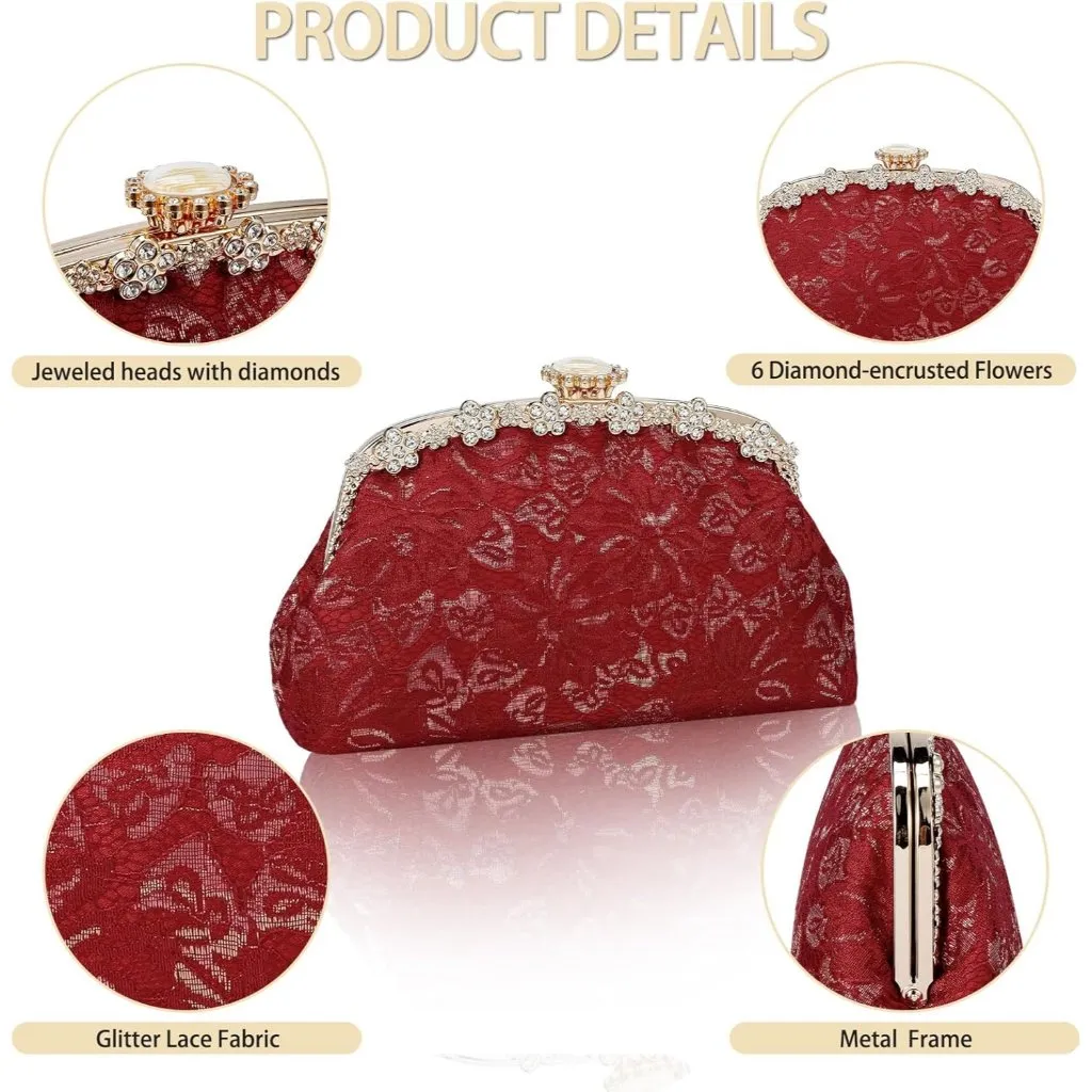⚡ Women's Red Fabric Lace Pearl Chain Rhinestones Shoulder Clutch Bag - Image 4