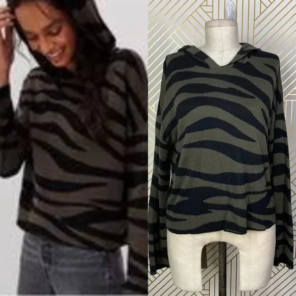 Anthropologie Kasia Hoodie Sweater Zebra Stripe Knit Acrylic Green Black Size XS - Image 2