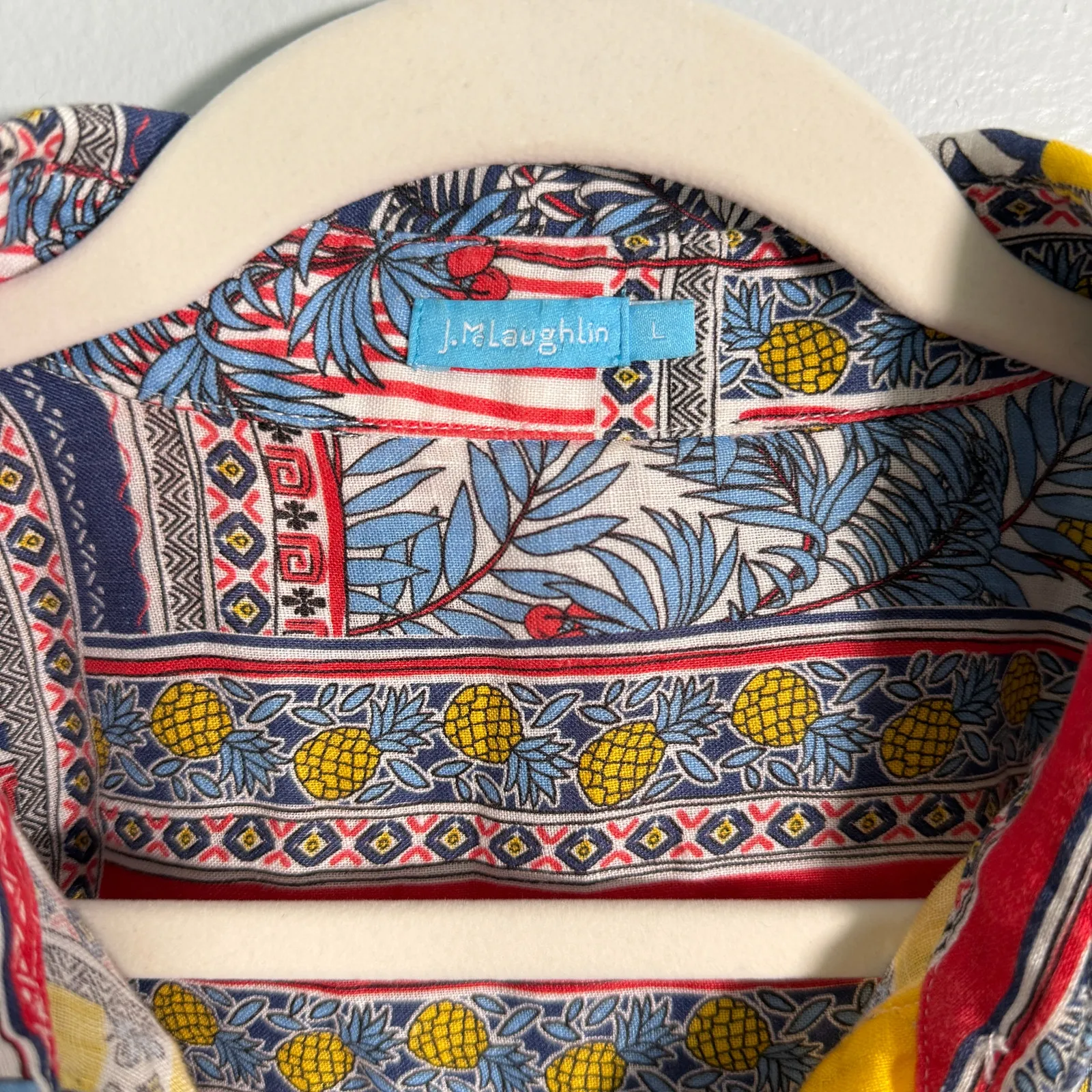 J. McLaughlin Linen Shirt L Tropical Pineapple Print Resort Beachwear Flaws - Image 4