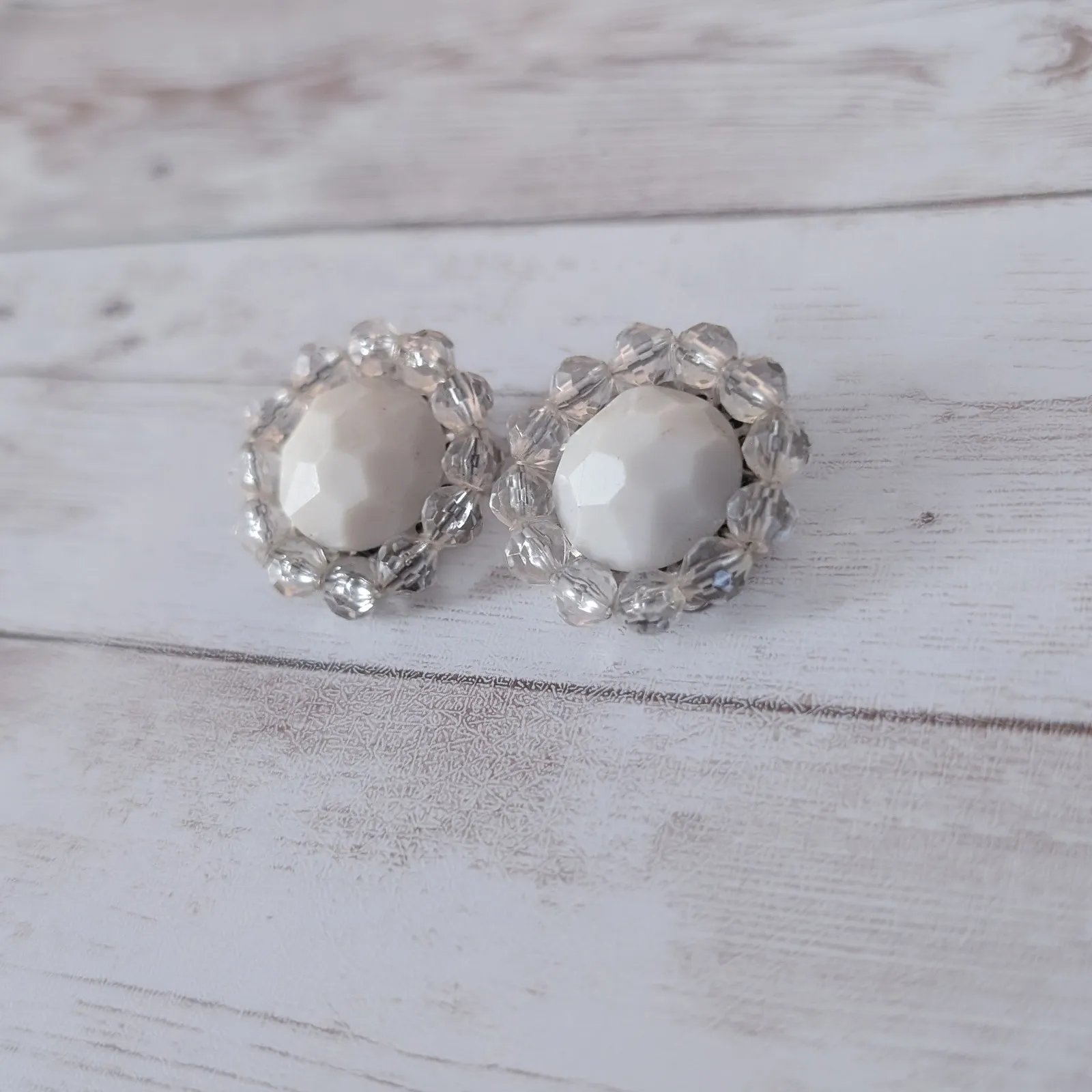 Vintage Clip On Earrings Clear & Off White - Image 3