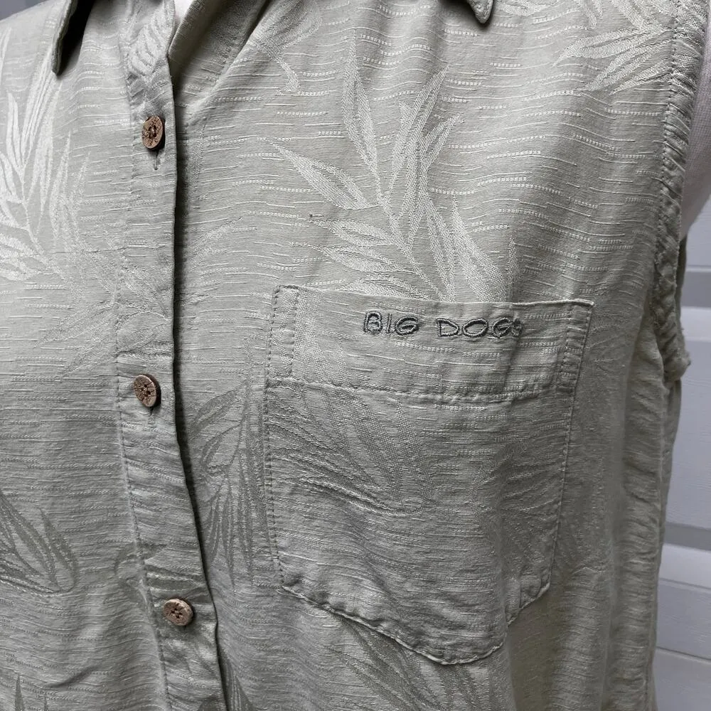 VTG Big Dogs Resortwear 100% Silk Top Sz M Pale Green Button Up Tropical Coastal - Image 13