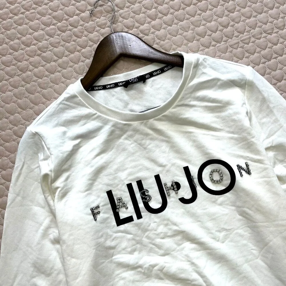 NWOT LIU JO Women's Crystal Logo Sweatshirt Size L Cotton Blend Pullover White Size L - Image 4