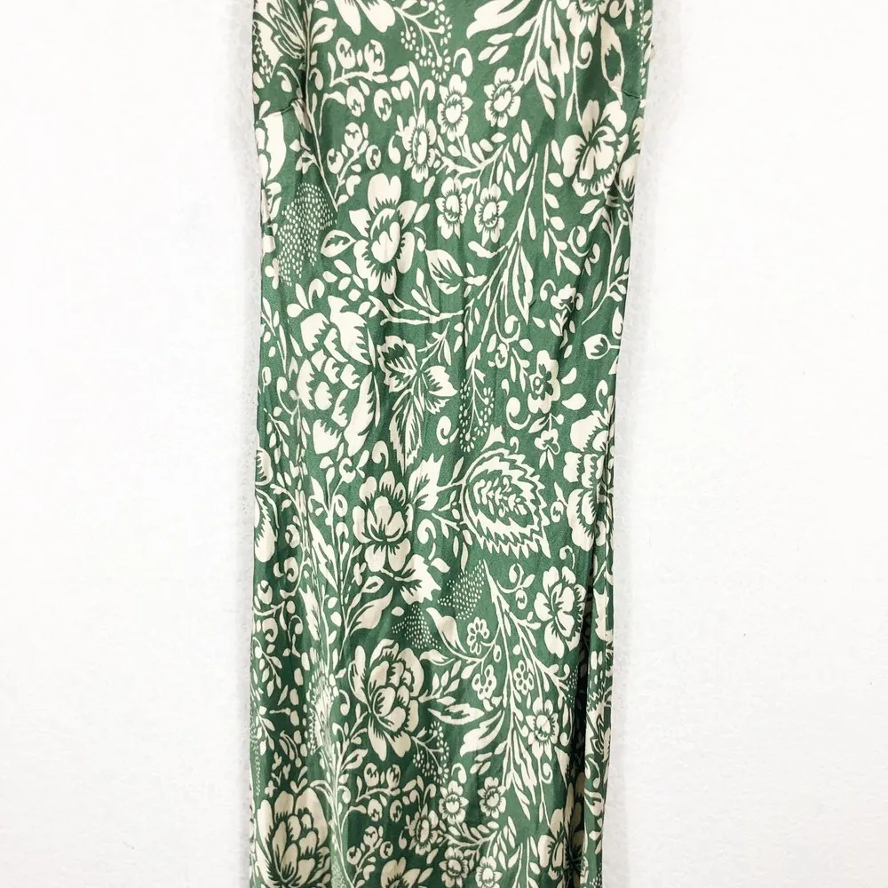 Zara Green Printed Slip Midi Dress Small Satin Tropical Floral Sleeveless - Image 10