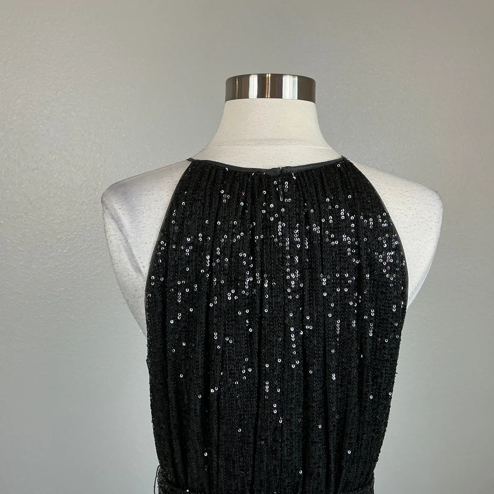 DKNY Sequin Sleeveless Halter Maxi Dress Size 8 Sparkly Black Long Formal Dress - Image 9