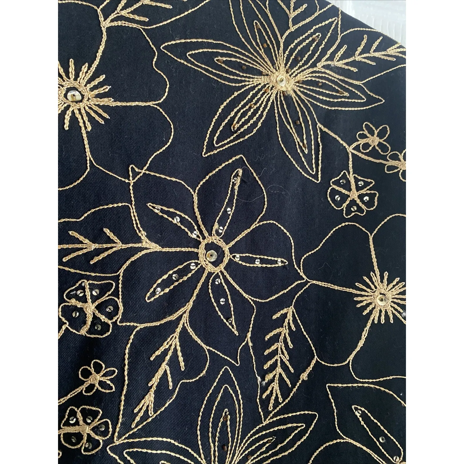 New Direction Womens Large Black Button Up Jacket Gold Floral Embroidery Artsy - Image 7