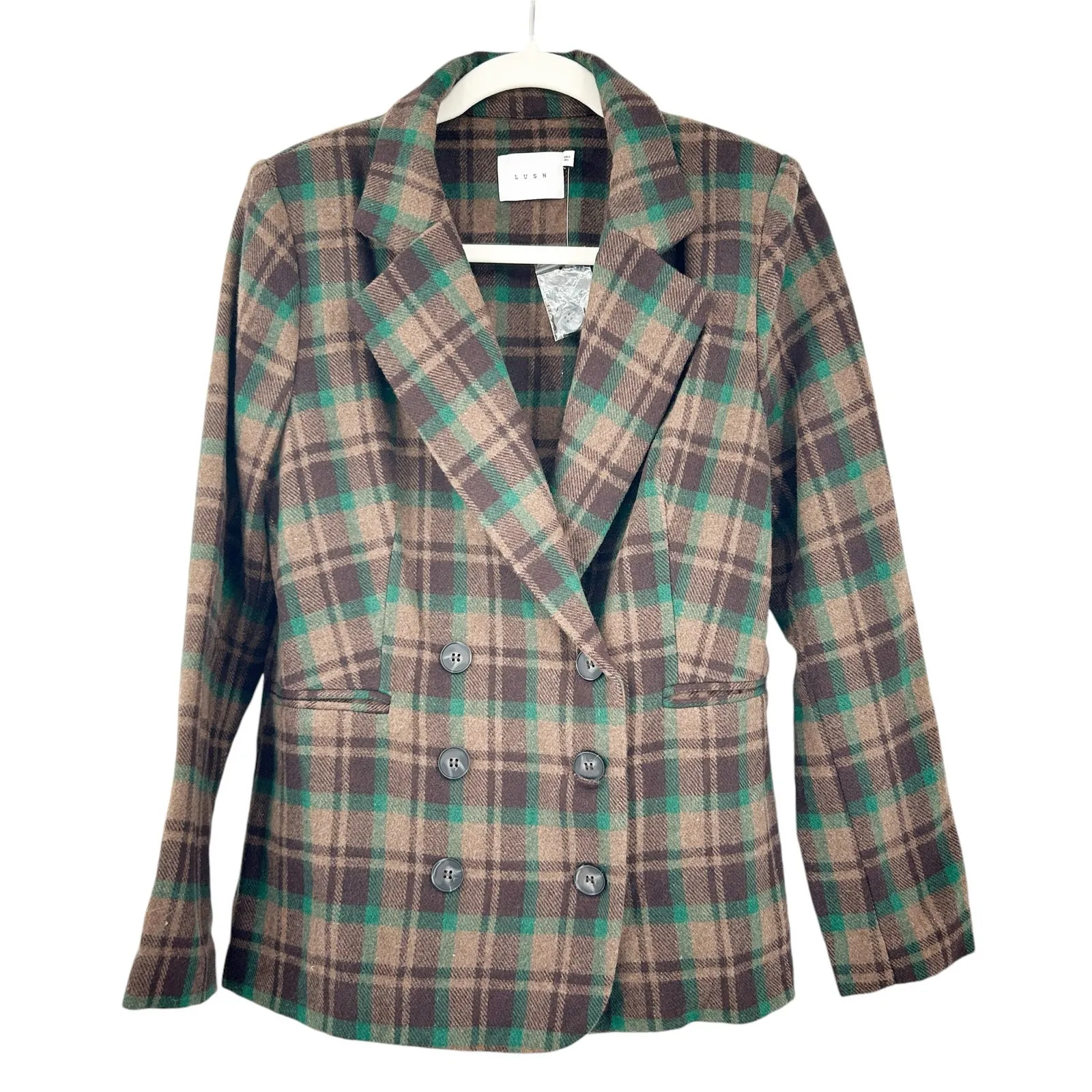 Lush Womens Business Preppy Plaid Wool Blend Double Breasted Blazer Jacket‎ S - Image 3