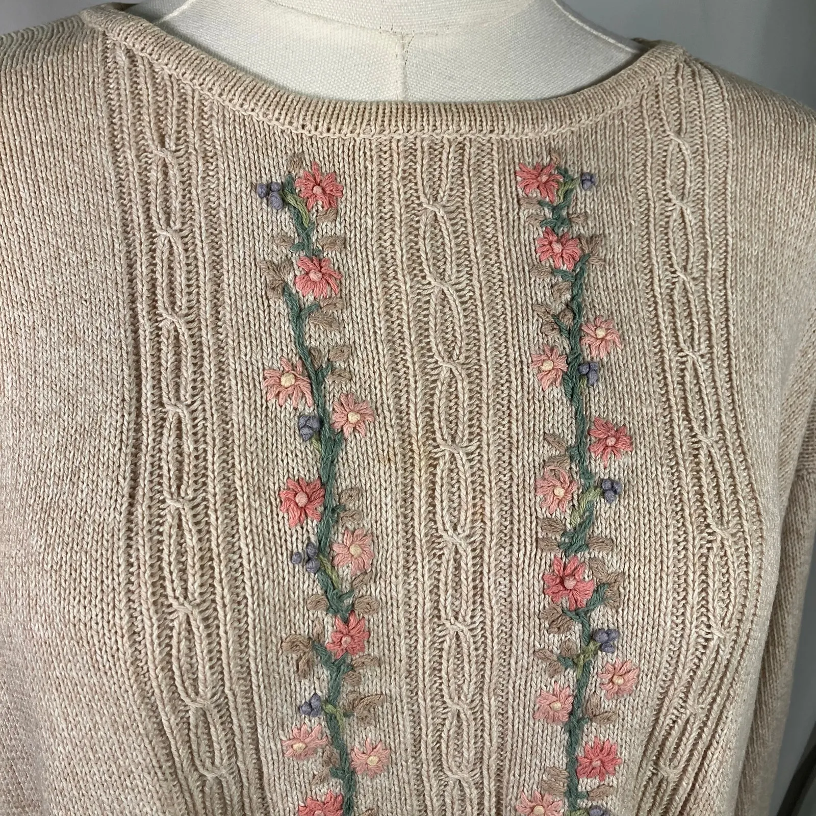 Cottage Essentials Embroidered Floral Sweater‎ Beige Ramie Cotton M Vintage Pink Size M - Image 2