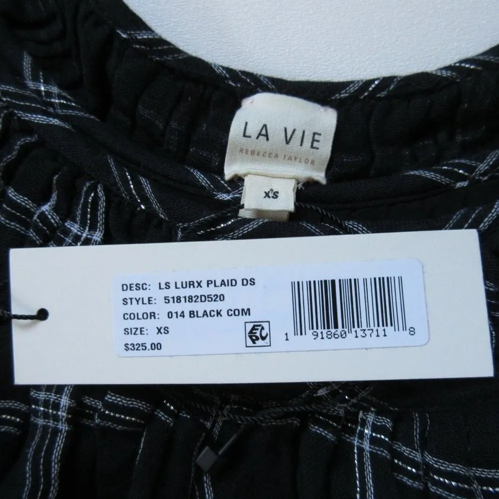 NWT La Vie Rebecca Taylor Lurex Plaid in Black Combo Tie Waist Shift Dress XS - Image 3