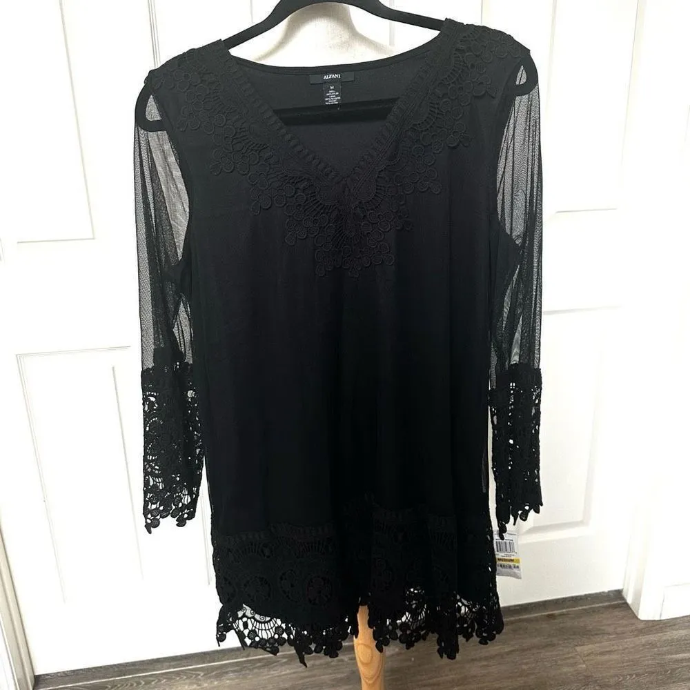 Alfani black NWT long overlay V neck top Size M - Image 7