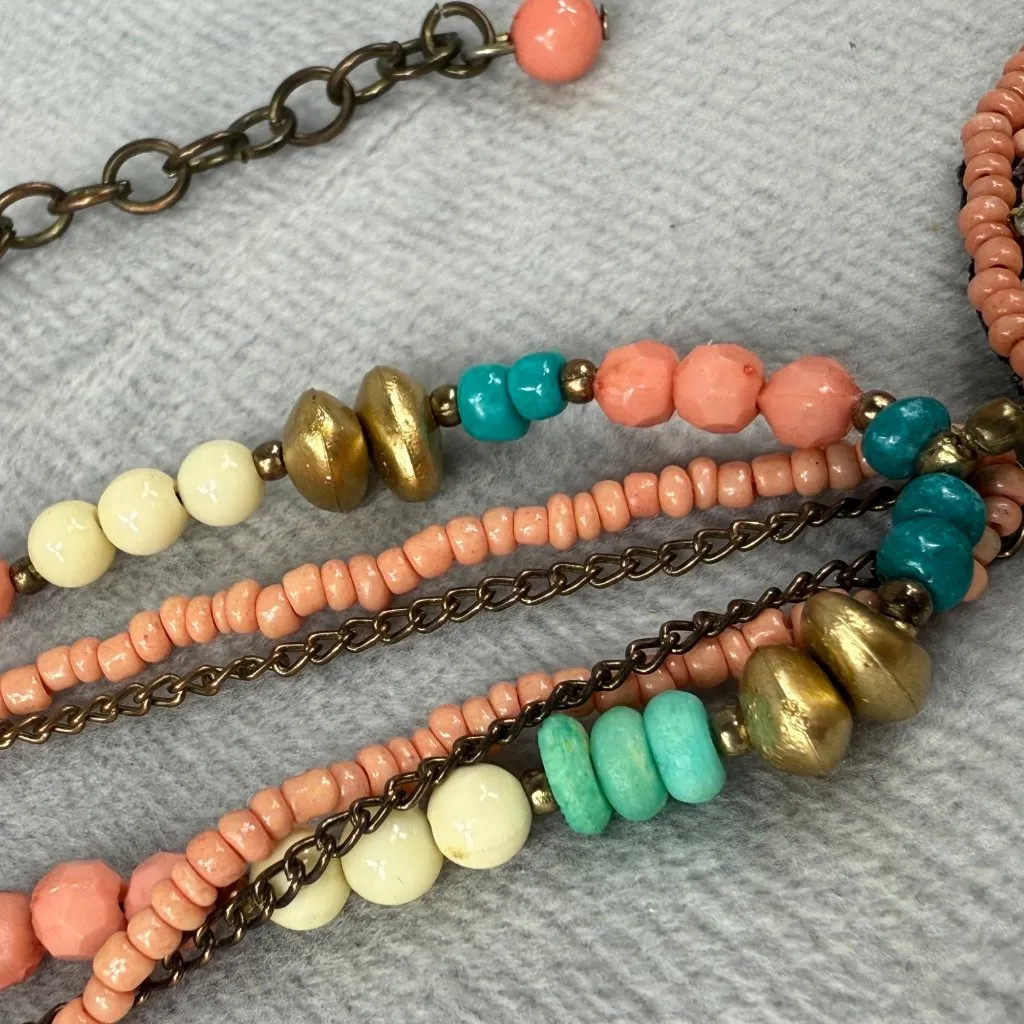 Beaded Multicolor Pendant Necklace Coral Turquoise Gold Colors Shell Accents - Image 5
