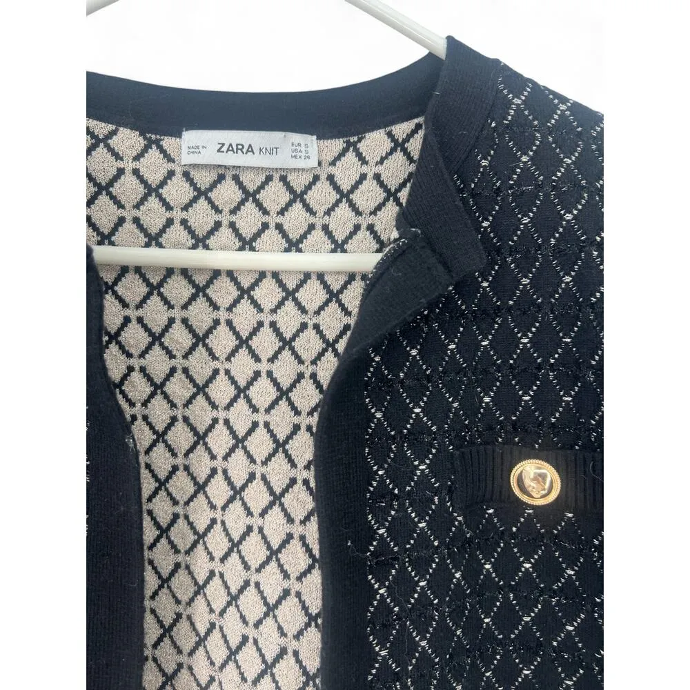 Zara  | S | Jacquard Cardigan Jacket Knit Sweater Metallic Quilted Look Gold - Image 3