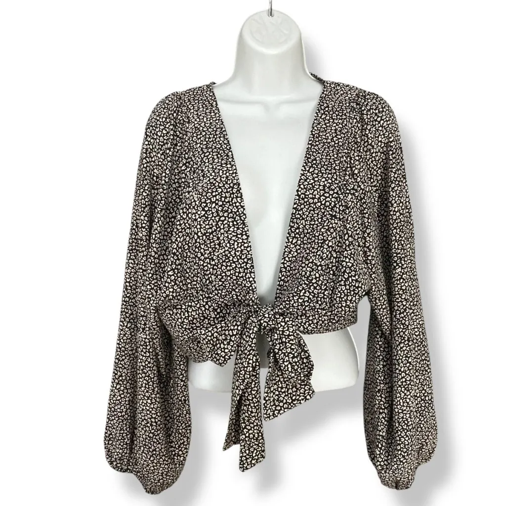 Princess Polly New Mood Top Tie Front Deep V Size 8 Animal Print‎ Balloon Sleeve - Image 3