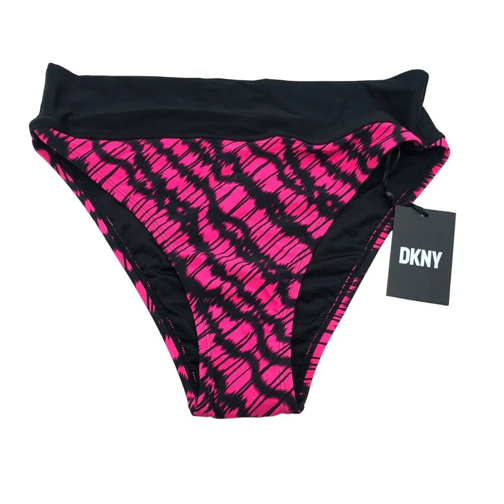 DKNY Womens High-Waist Bikini Bottom Black Pink 4-Way Stretch Pink Black Size L - Image 2