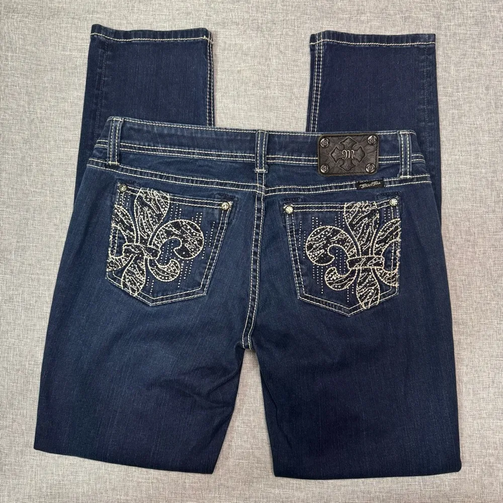 Miss Me Easy Skinny Jean Fleur De Lis Dark Wash Jeans Rhinestone Bling Size 31 - Image 6
