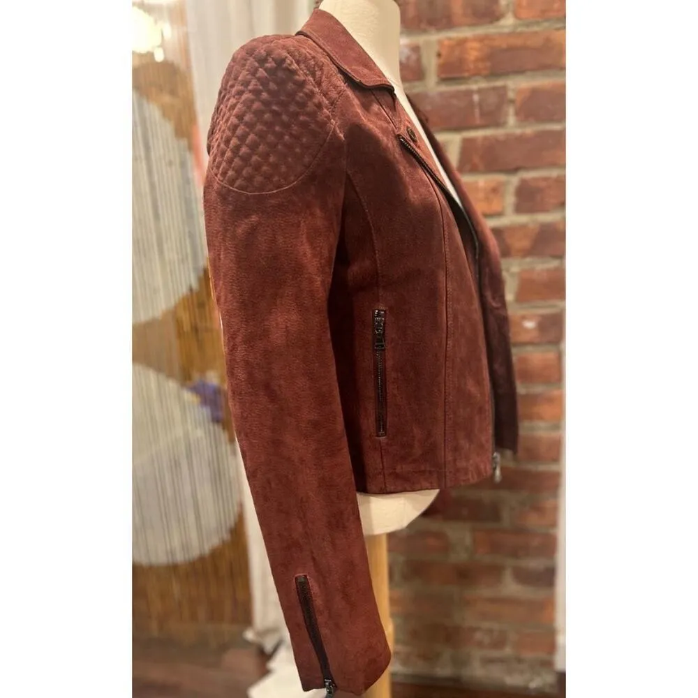 Womens Express Suede Motocycle Jacket S Wine Red Burgundy - Image 6