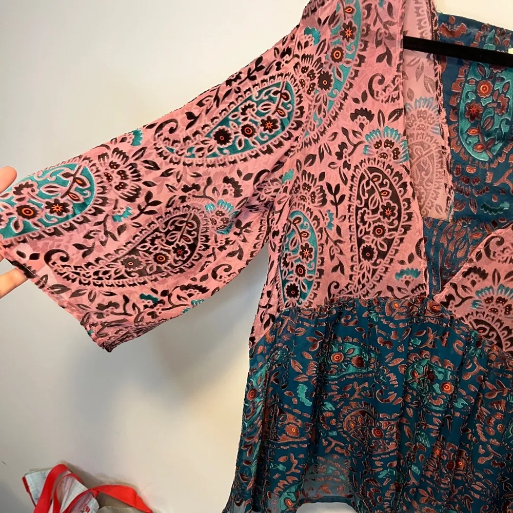 Floreat Brand Color Block Velvet & Silk Burn Out Blouse V Neck Loose Sleeve Sz S - Image 12