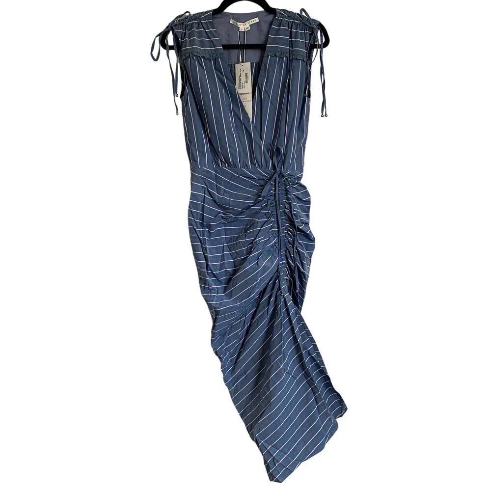 NWT Veronica Beard Teagan Stripe Ruched V-Neck Midi Dress in Blue/Kelly Green - Image 4