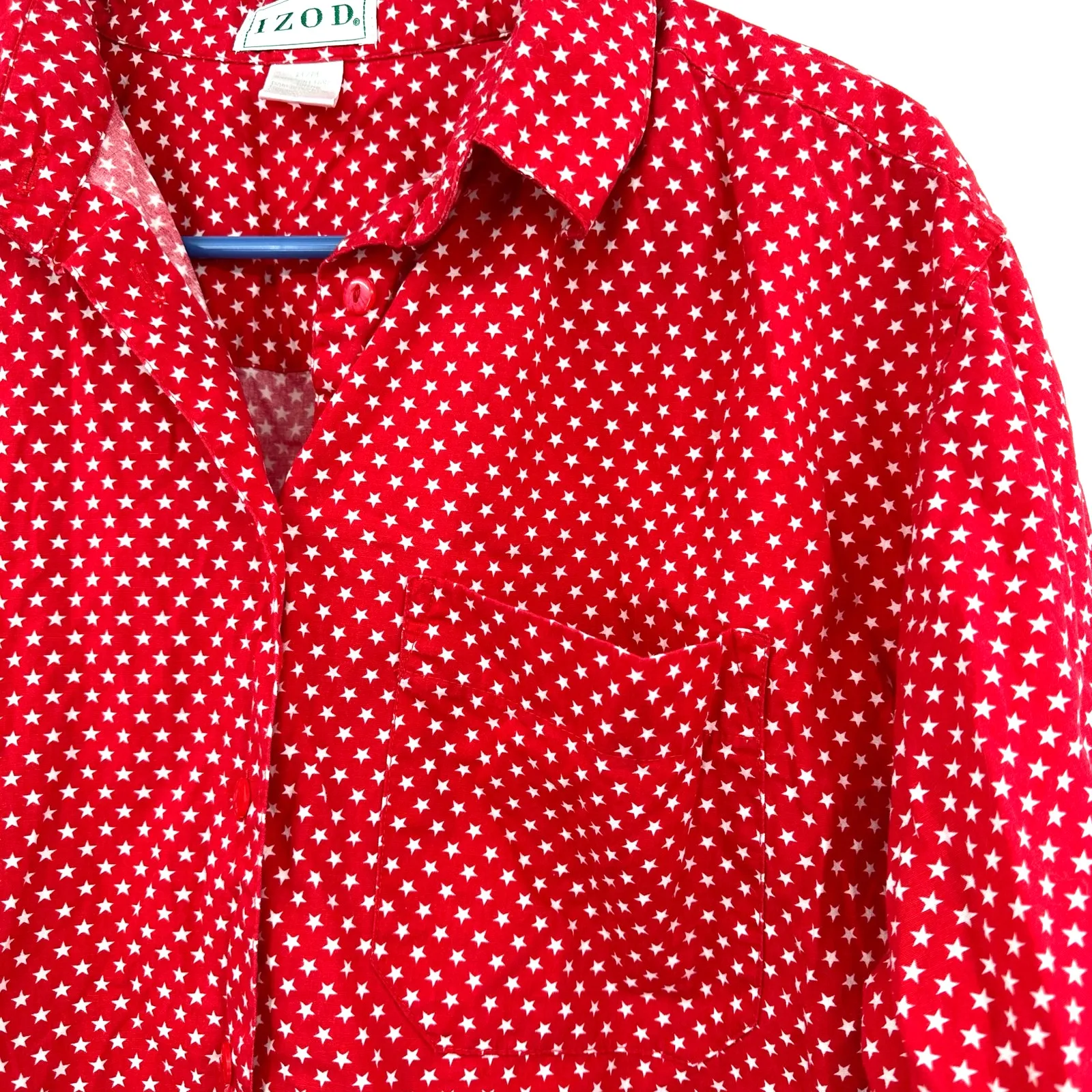 IZOD Size Medium Button Up Long Sleeve Red White Star Pattern Shirt 100% Cotton‎ - Image 3