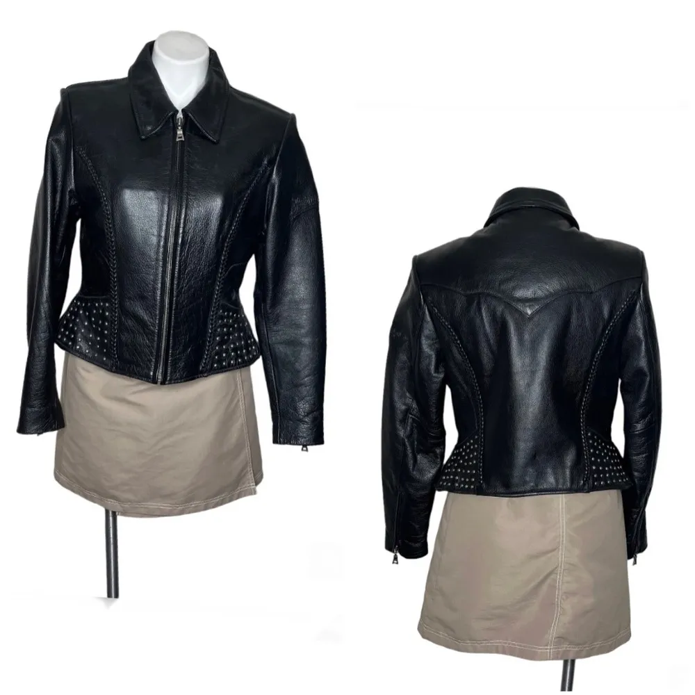 FLYING BIKES Oakwood Black Leather Moto Jacket Motorcycle Womens Size Medium - Image 16