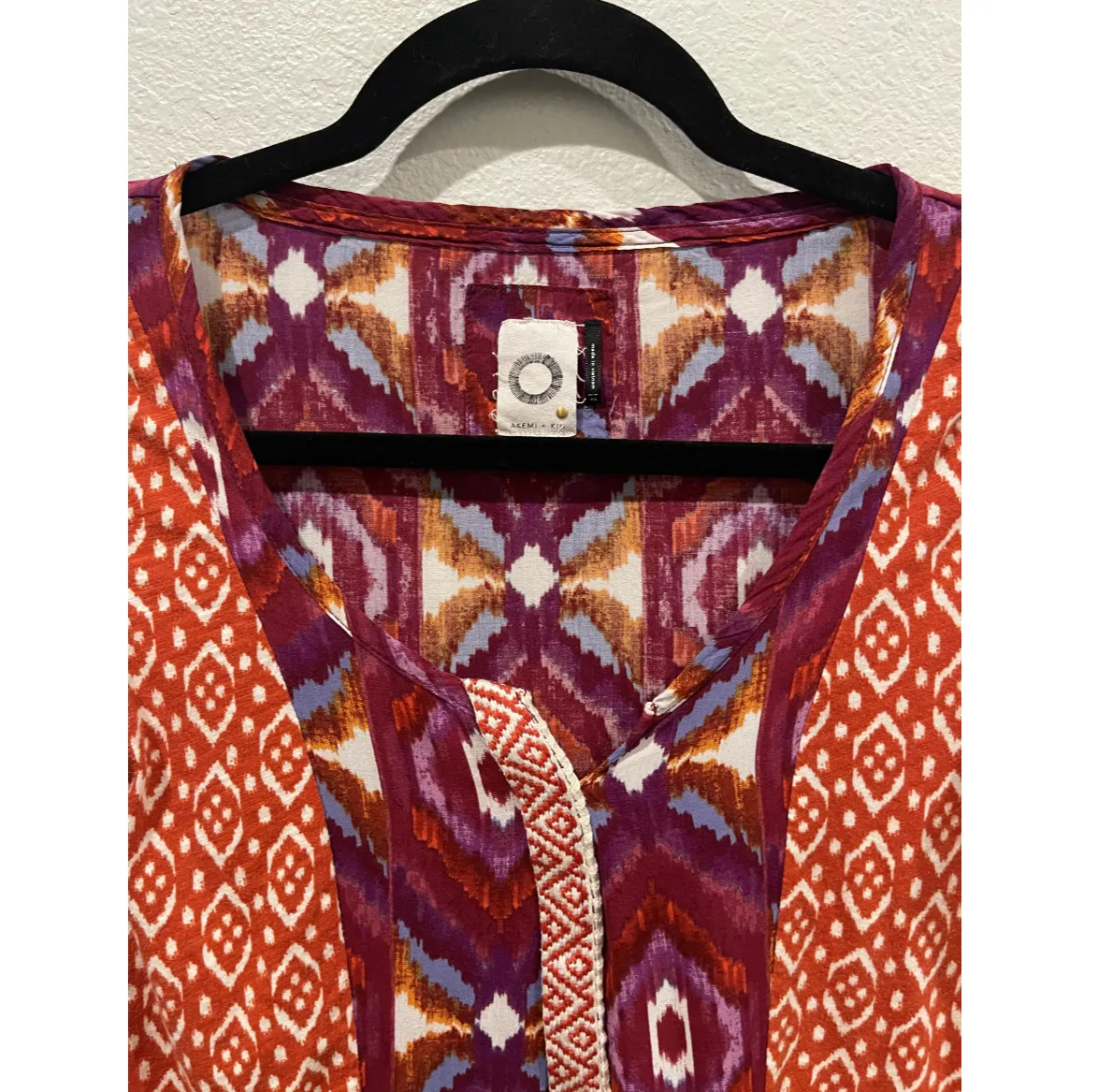 Anthropologie AKEMI + KIN Orange Ikat Geometric 3/4 Sleeve Blouse - Image 4