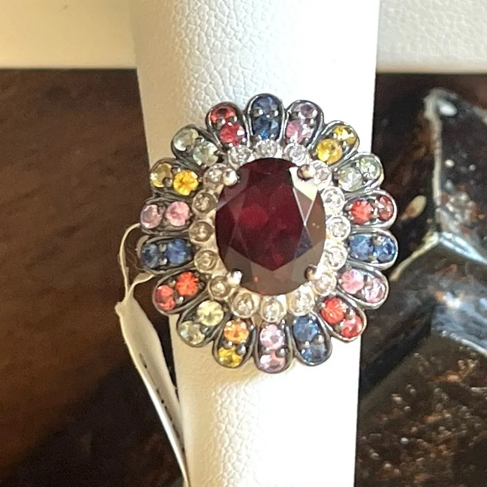 Cocktail Ring Faceted Red Quartz Multi Gemstone Flower Ring Signed FP Sz 6 VTG - Image 7