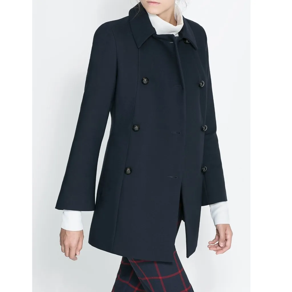 ZARA Double Breasted Wool Blend Short Coat Lined Peacoat Navy Blue Women's S - Image 2