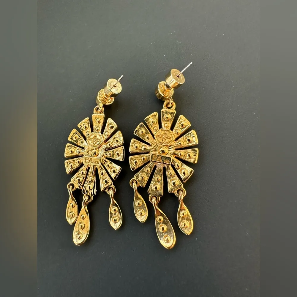 Vintage PA CN Couture Art Deco Gold Toned & Rhinestone Dangle Earrings - Image 7