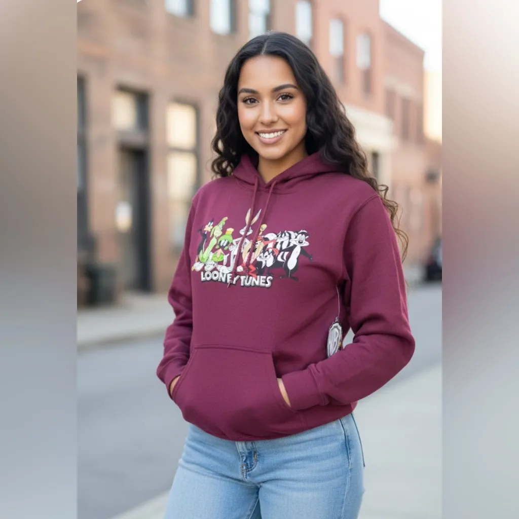 Looney Tunes Hoodie S/M (Fits Loose) | Bugs Bunny Daffy Taz | Cartoon Sweatshirt Red - Image 3