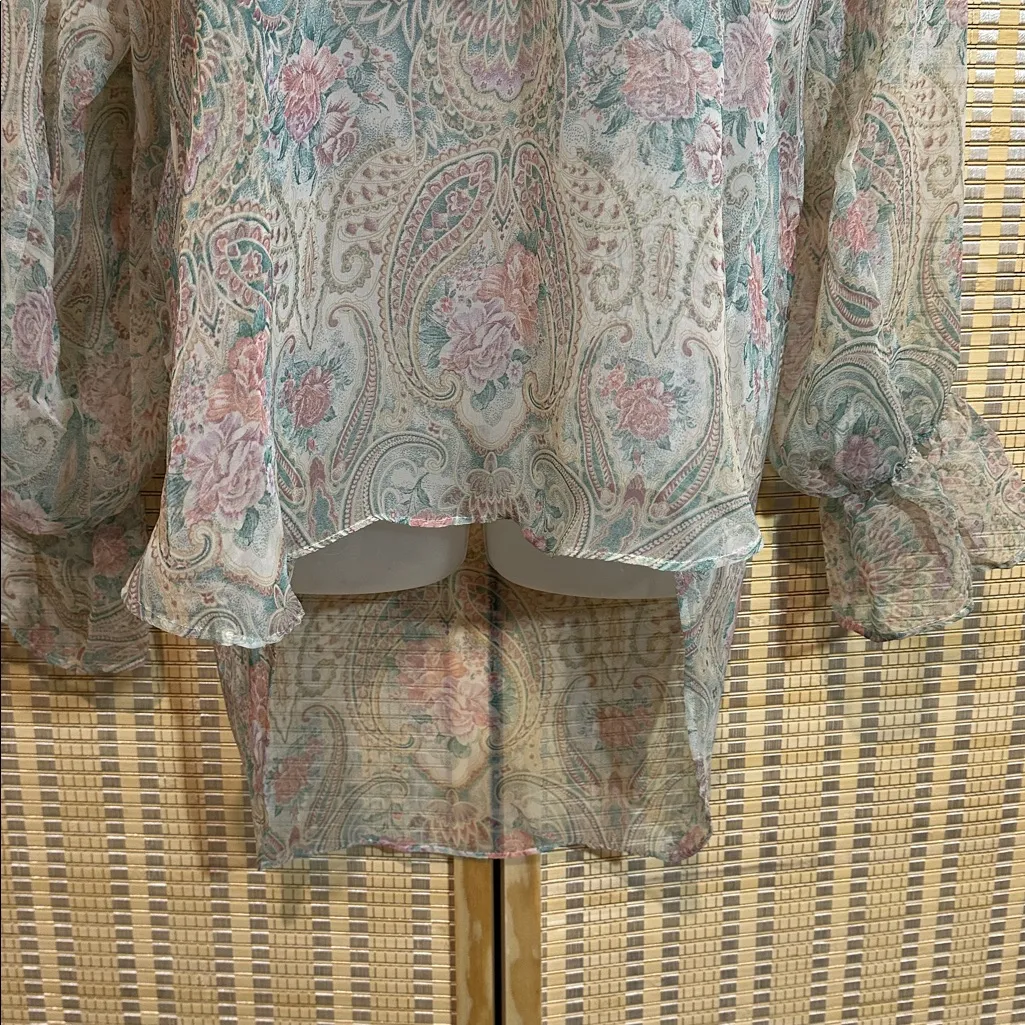 Victoria's Secret Vintage Gold Label Sheer Blue Floral Print Peasant Blouse M/L - Image 5