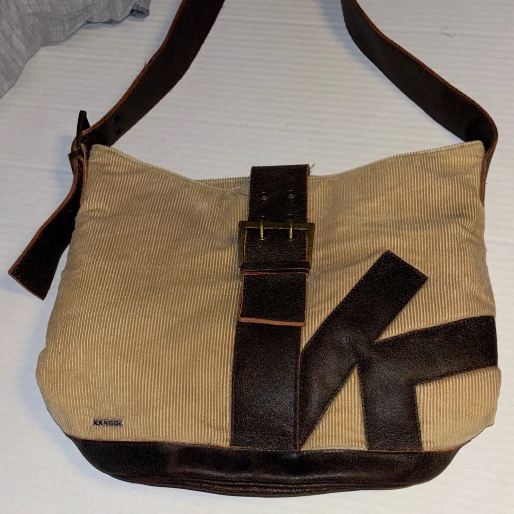 KANGOL BEIGE CORDUROY AND DARK BROWN LEATHER CROSSBODY/MESSENGER BAG ADJUSTABLE Tan - Image 1