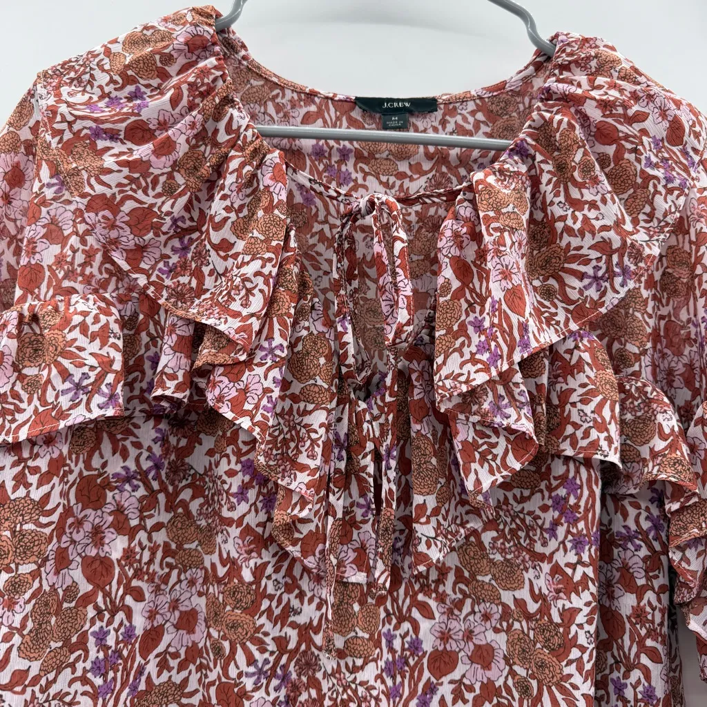 J. Crew Crinkle Chiffon Long Ruffle Sleeve‎ Top in Fete Floral Sz M - Image 4