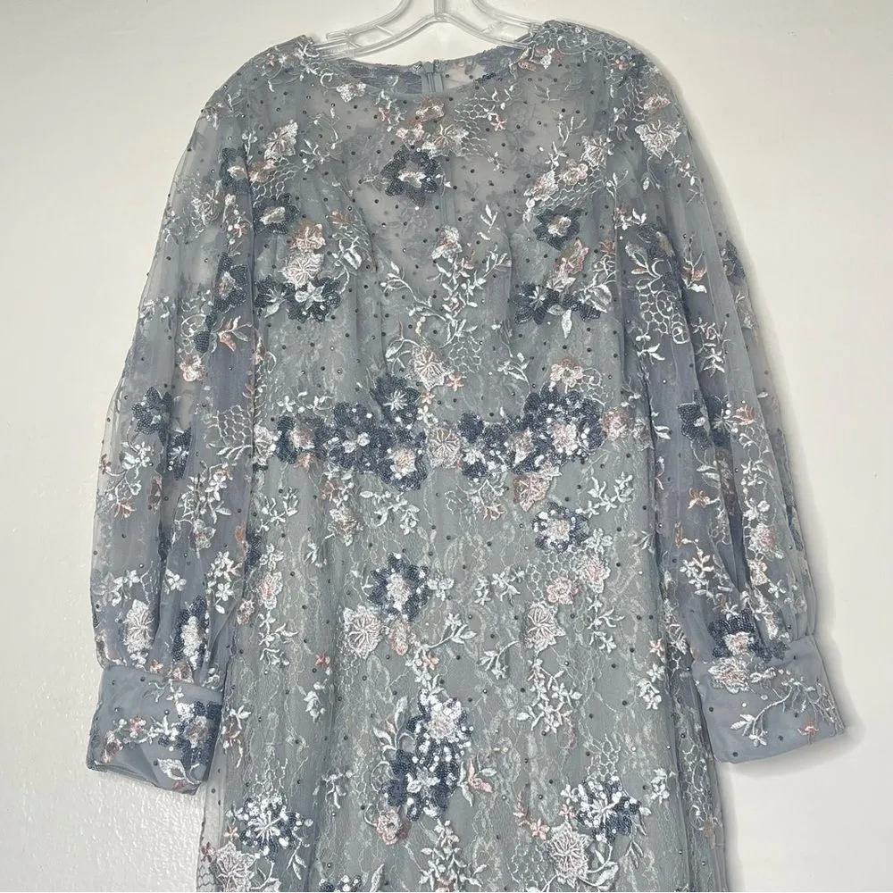 Mac Duggal 67936 Size 12 Bishop Sleeve Embroidered Mermaid Platinum Dress - Image 9