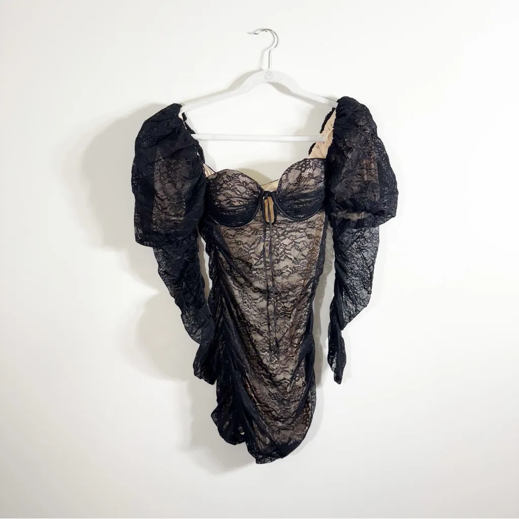 Oh Polly Tell Me More Black Lace Ruched Mini Dress Long Sleeve Puff Shoulders 8 - Image 2