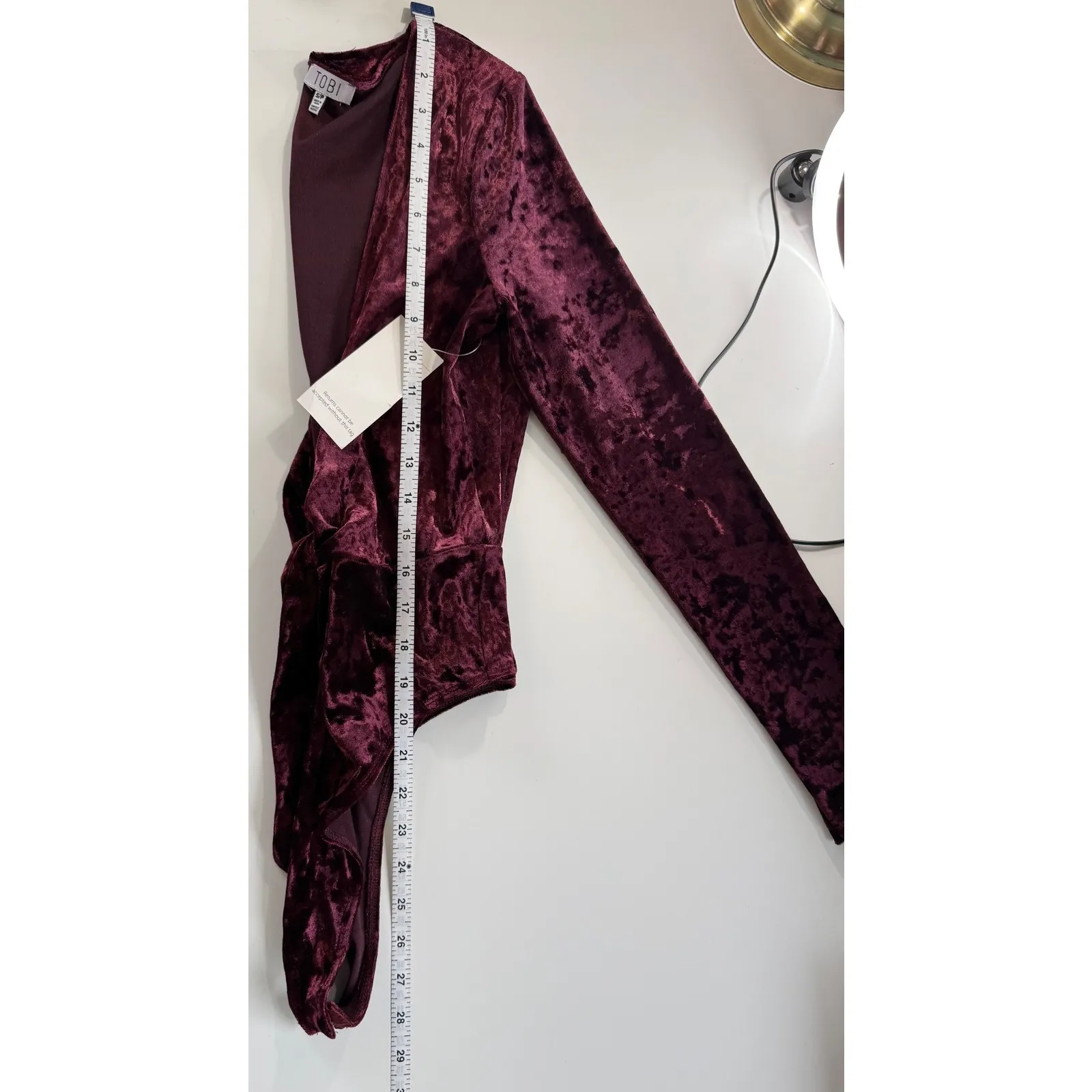 TOBI Velvet Deep V-Neck Twist Front Long Sleeve Bodysuit Burgundy Small - Image 6