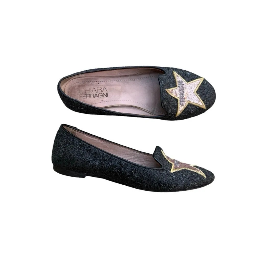 Chiarra Ferragni, Silver Glitter Ballerinas with Rose Hollywood Stars Size 36 6 Black - Image 3