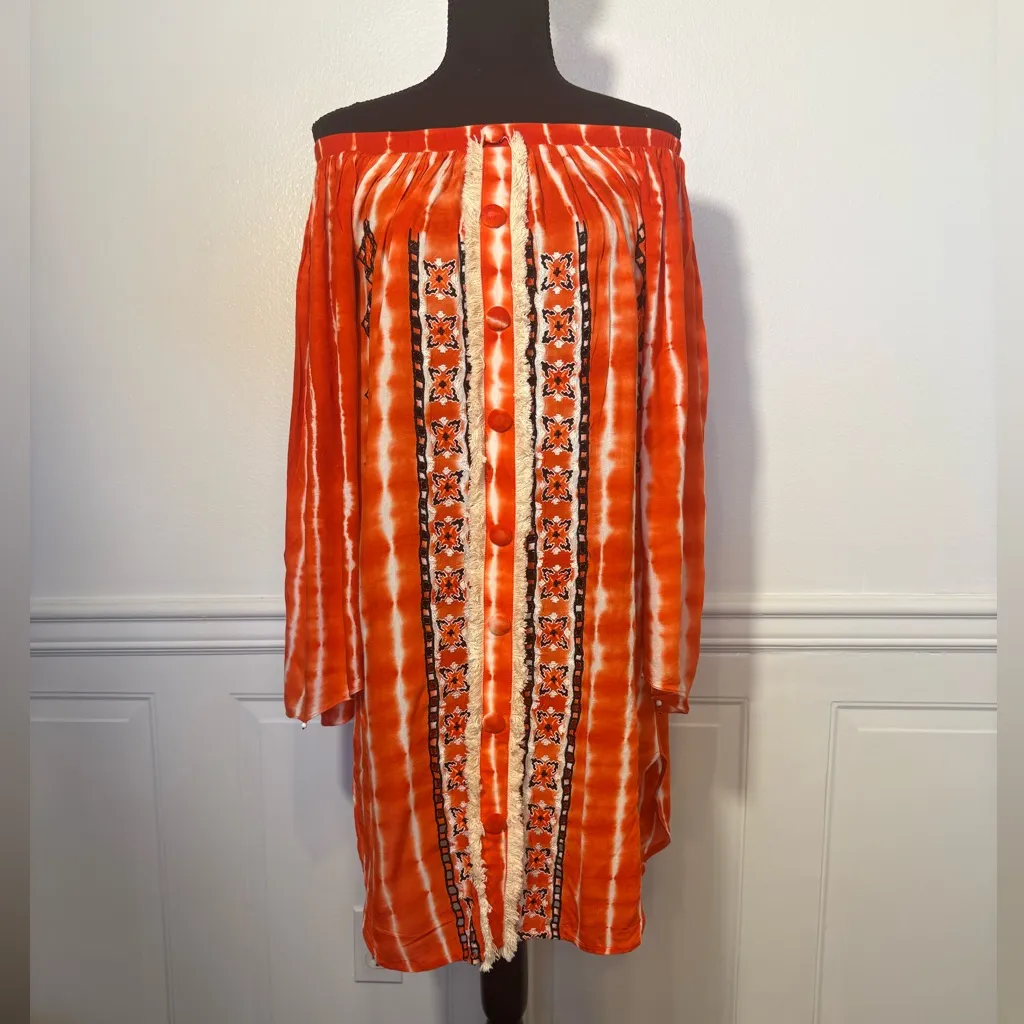 Hemant & Nandita Off Shoulder Embroidered Tie Dye Tunic Dress S Boho Bohemian Red Size XS - Image 2