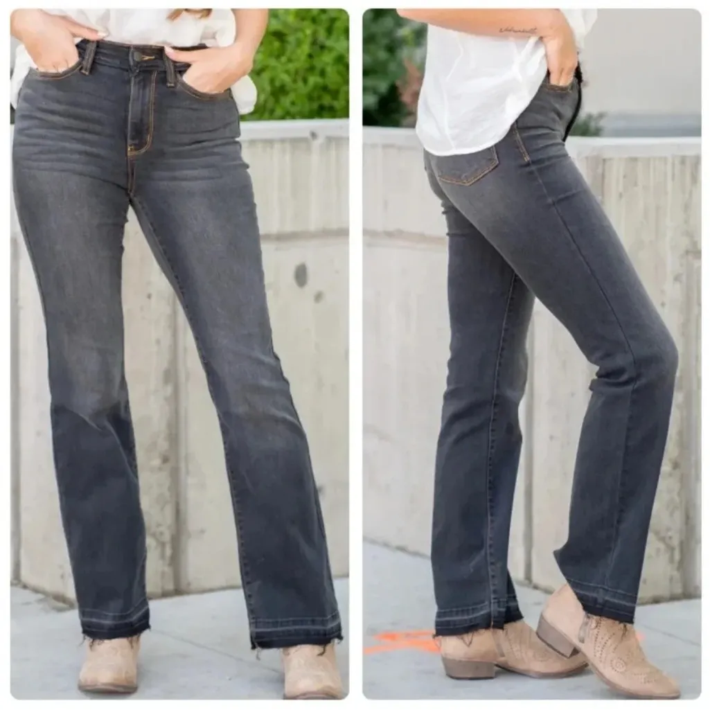 Womens Judy Blue High Waisted Slim Boot Cut Raw Hem Jeans - Image 2