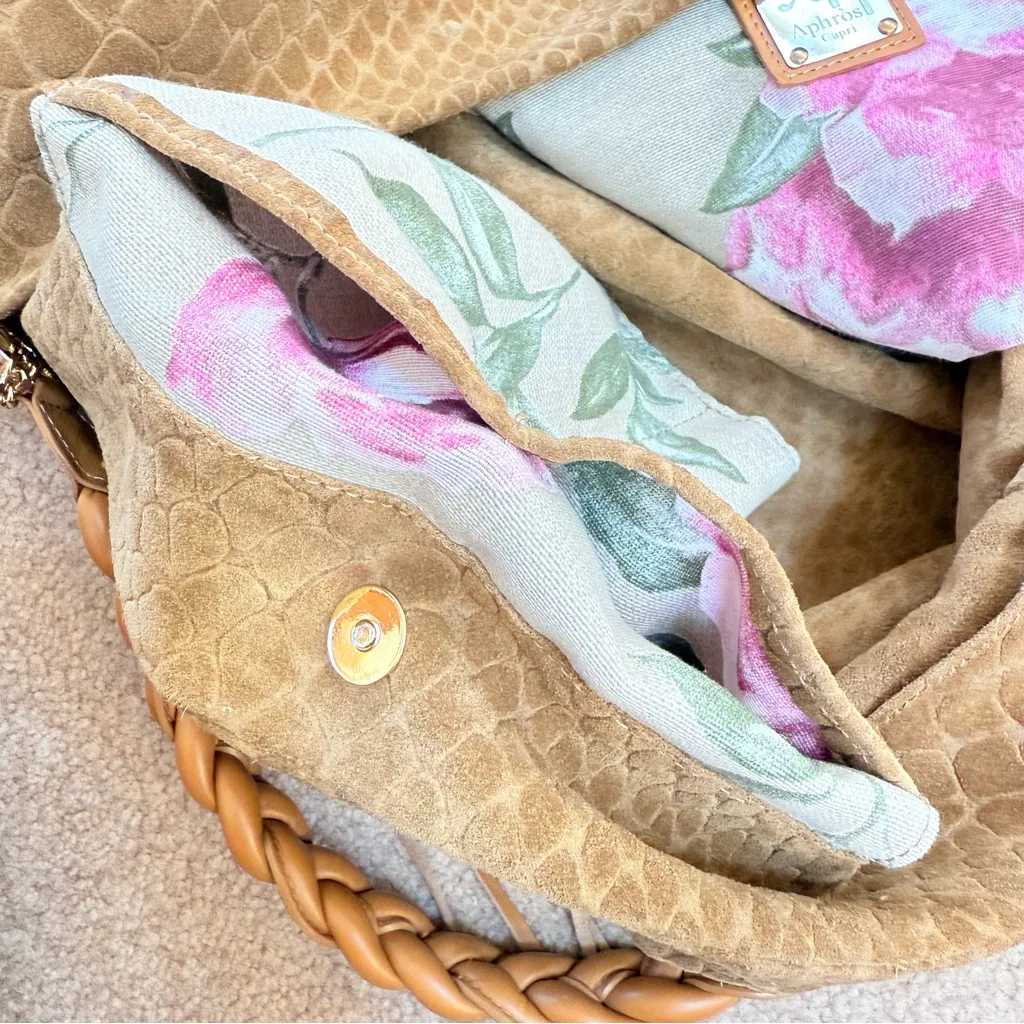 Rare Aphros Capri Suede Python Print Textured Tan Shoulder Tote Hobo - Image 7