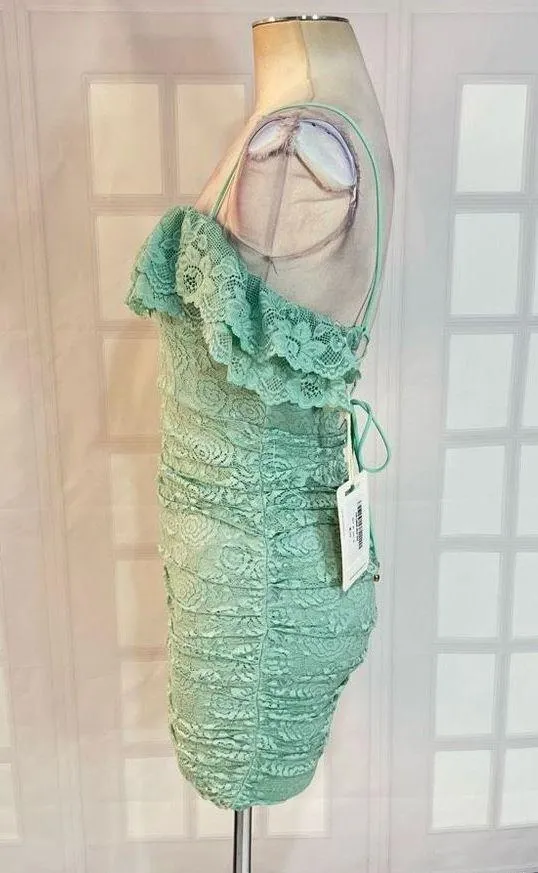 Here Comes the Sun mint green lace ruched lace up back mini dress - Image 11