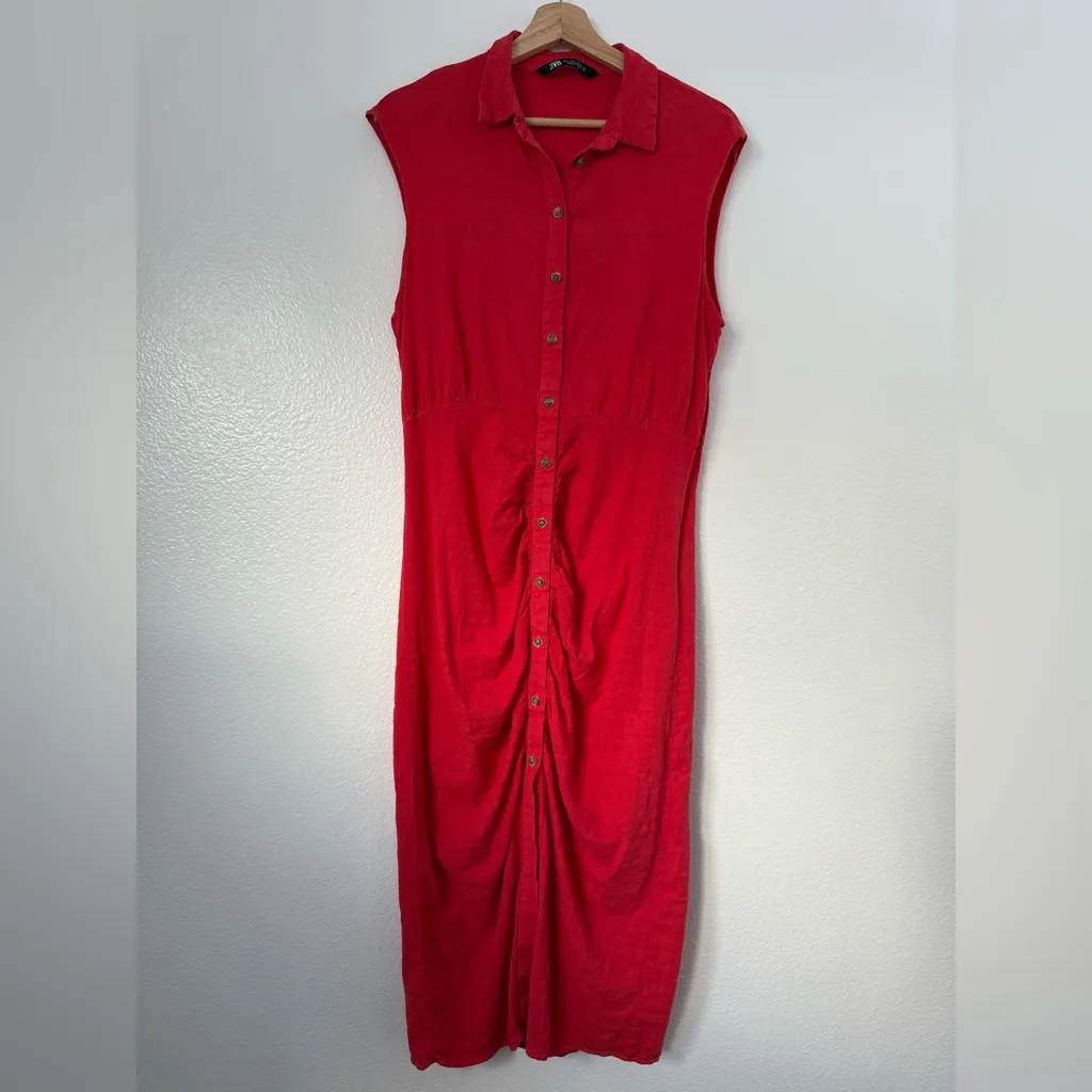 Zara red linen blend midi shirt dress button down sleeveless lagenlook L - Image 3