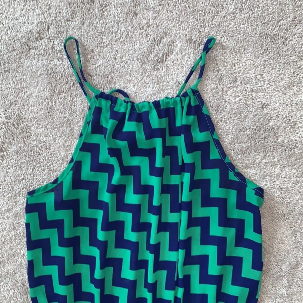 MITTO Blue & Green Sleeveless Chevron Shorts Romper Sz L - Image 4