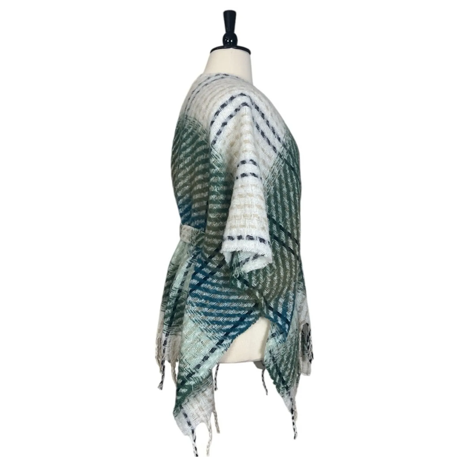 Lauren Conrad Sweater Belted Wrap Shawl Cream Blue Green Plaid Women’s Size OS - Image 5