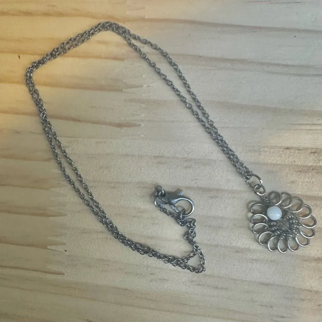 Handmade Wire Loop Flower Pendant Necklace with White Bead Silver - Image 6