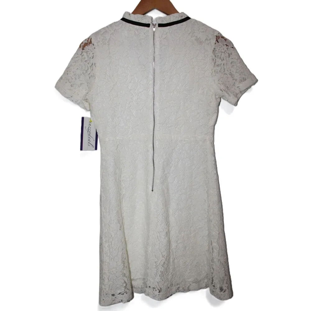 NWOT Womens Mrs White Black Lace Short Sleeve Ribbon Tie Midi Dress Size Medium - Image 2