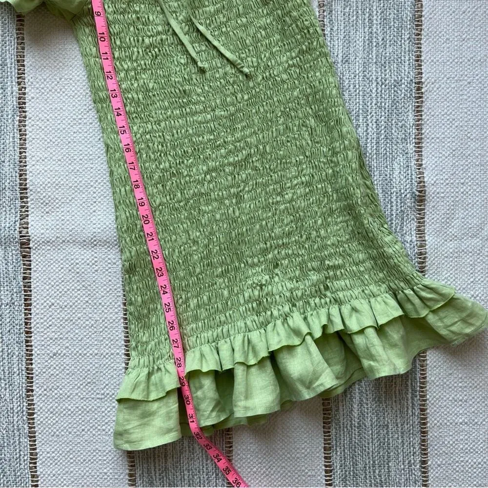 Faithfull The Brand Green 100% Linen Short Puff Sleeve Smocked Mini Dress 8 - Image 7