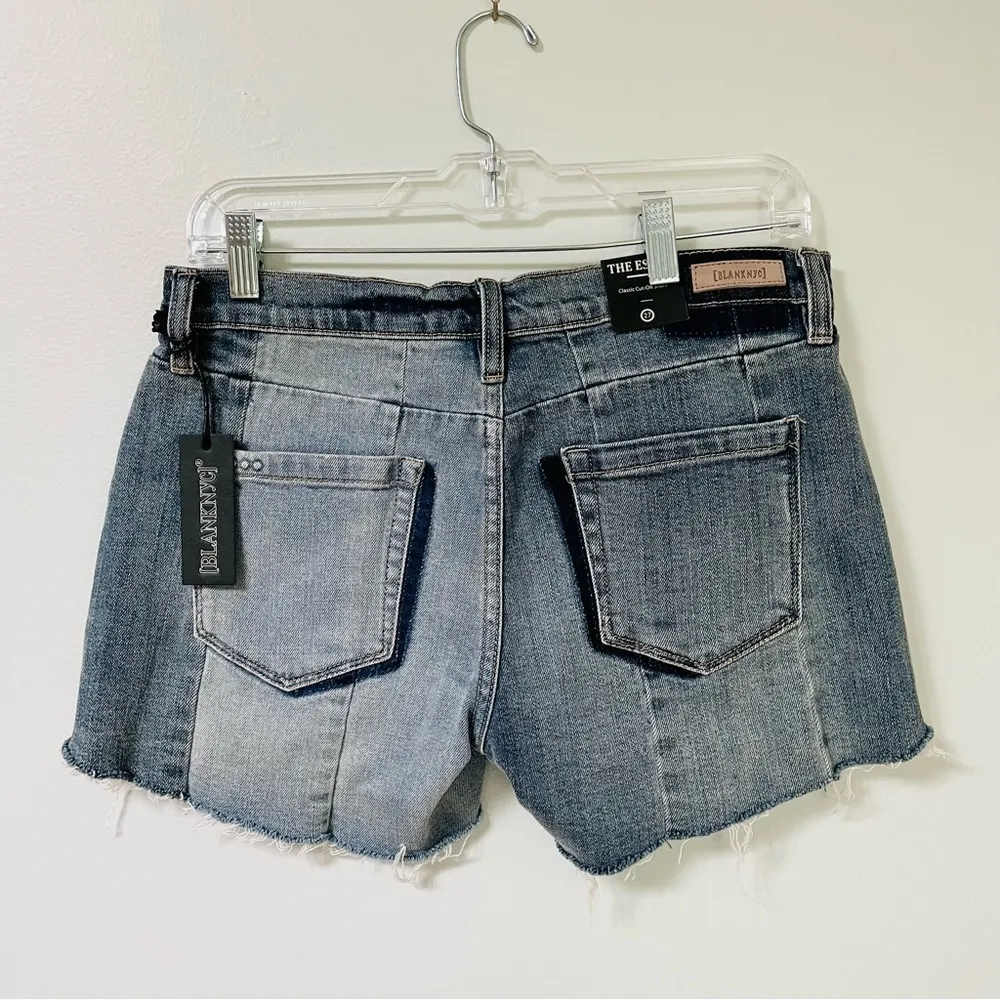 BlankNYC Essex Jean Shorts 27 NWT Midtown Madness Denim Paneled Patchwork Frayed - Image 8